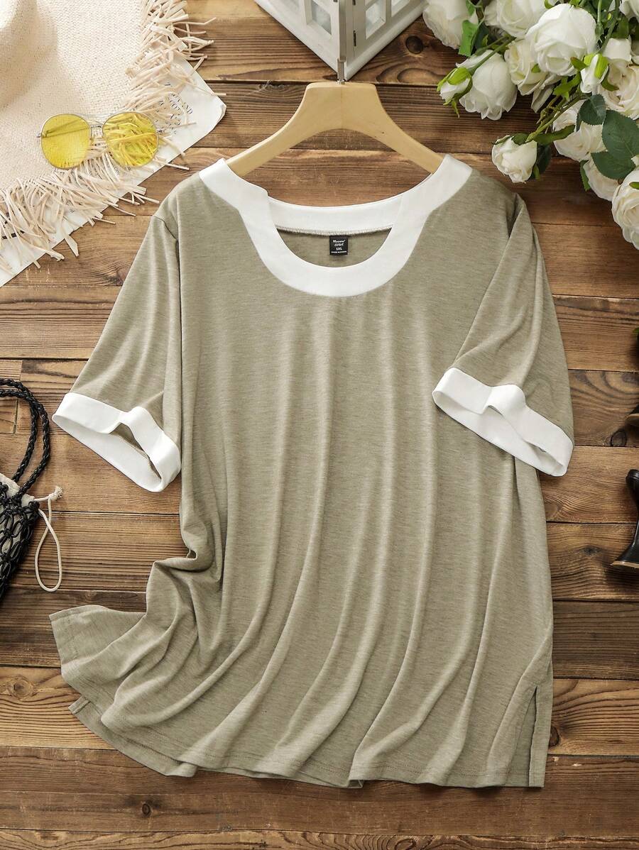 EMERY ROSE Plus Size Women's Short Sleeve Contrast Color T-Shirt