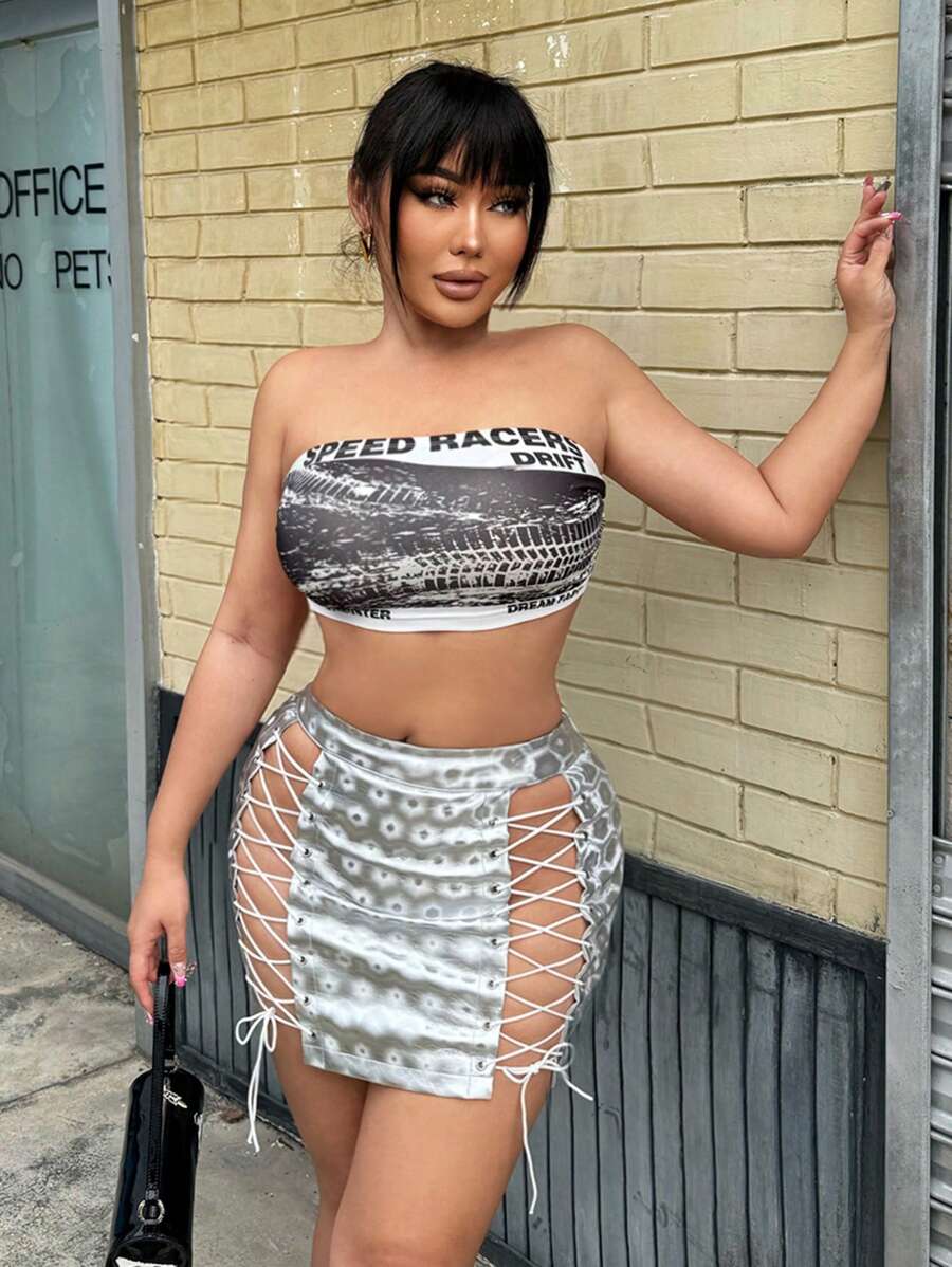 SHEIN SXY Concert Music Festival Outfits Cross Strap Metallic Hollow Out Slim Fit Mini Skirt For Summer Concerts, Parties And Events