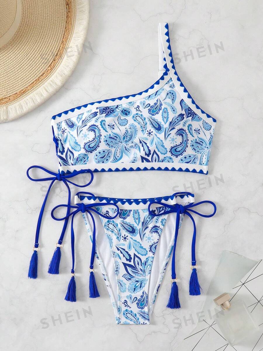 SHEIN Swim Conjunto de bikini con un hombro con estampado de paisley para mujer, traje de baño de verano