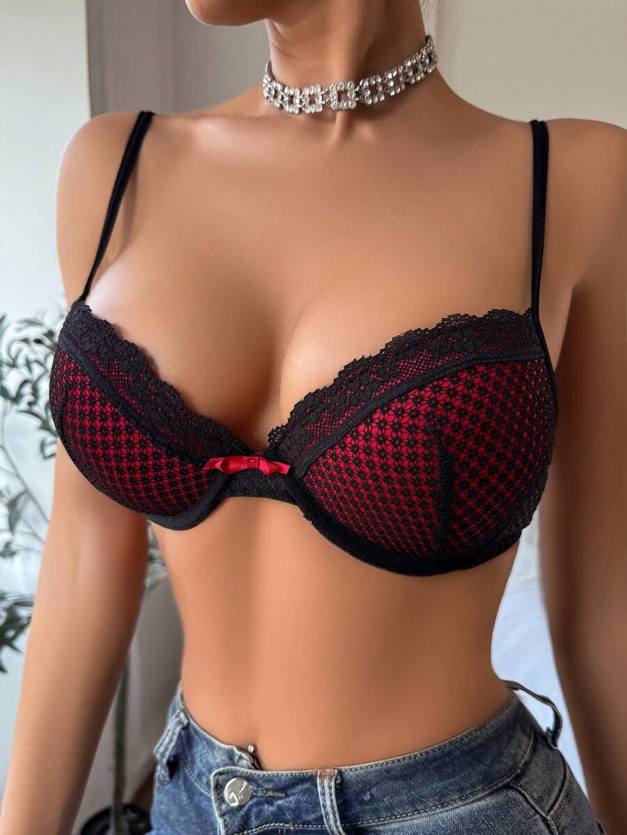 1pc Lace Contrast Color Underwire Bra