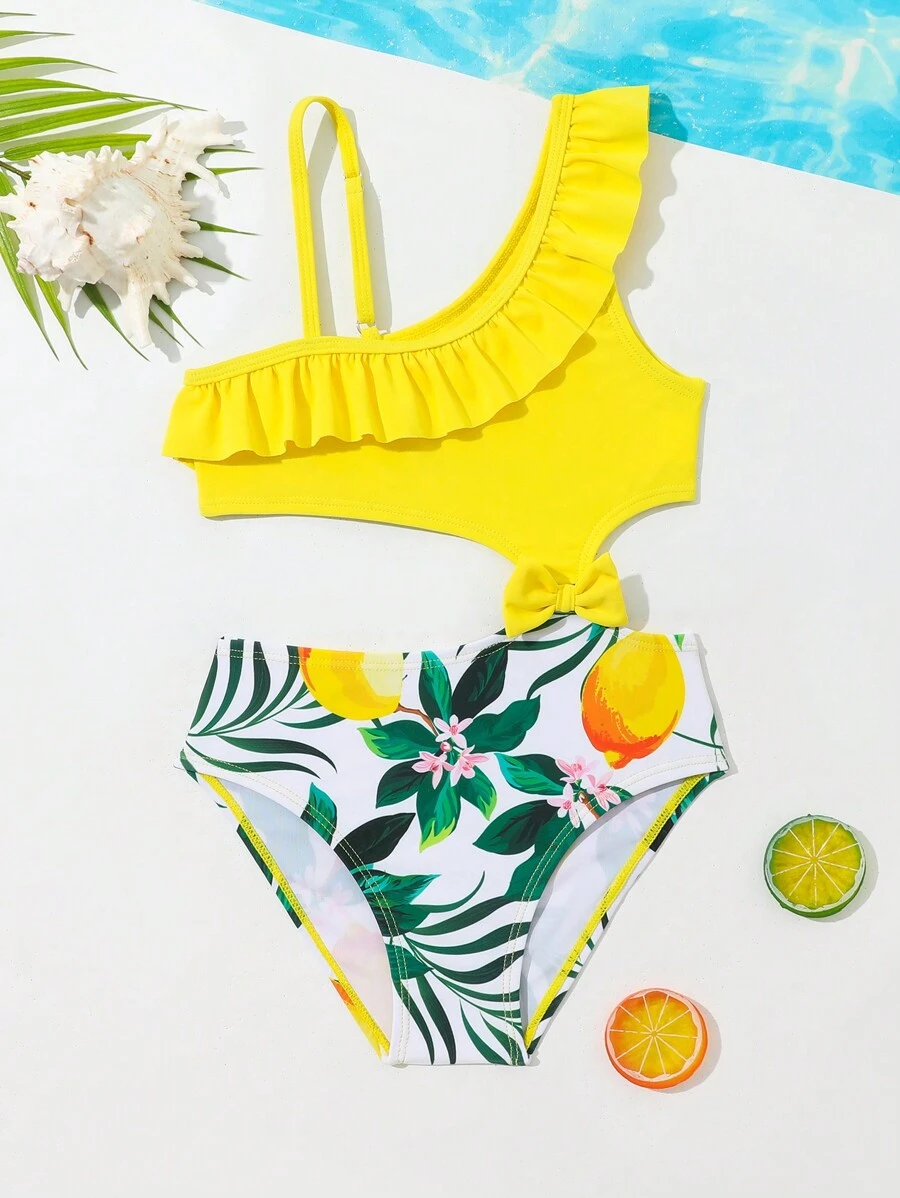 SHEIN Traje De Baño De Una Pieza Para Niña Con Estampado De Frutas Y Plantas, Diseño Hueco Y Empalmado, Ribete De Volantes De Colores En Contraste