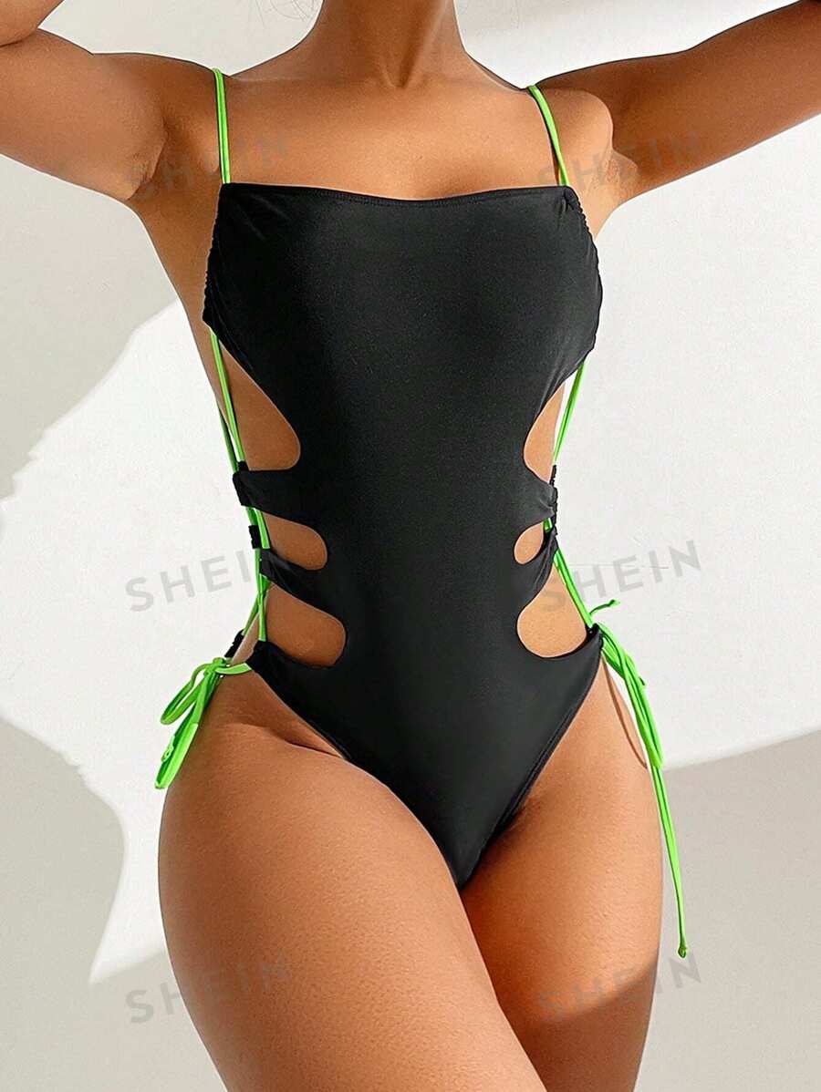 SHEIN Swim Traje de baño de una pieza con corte cruzado y bloques de color para el verano