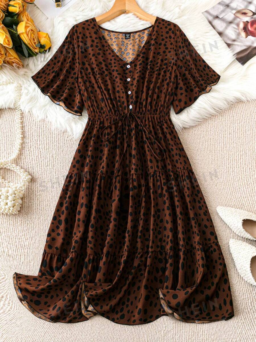 SHEIN LUNE Vestido De Manga Corta Con Volantes Y Estampado De Lunares De Talla Grande