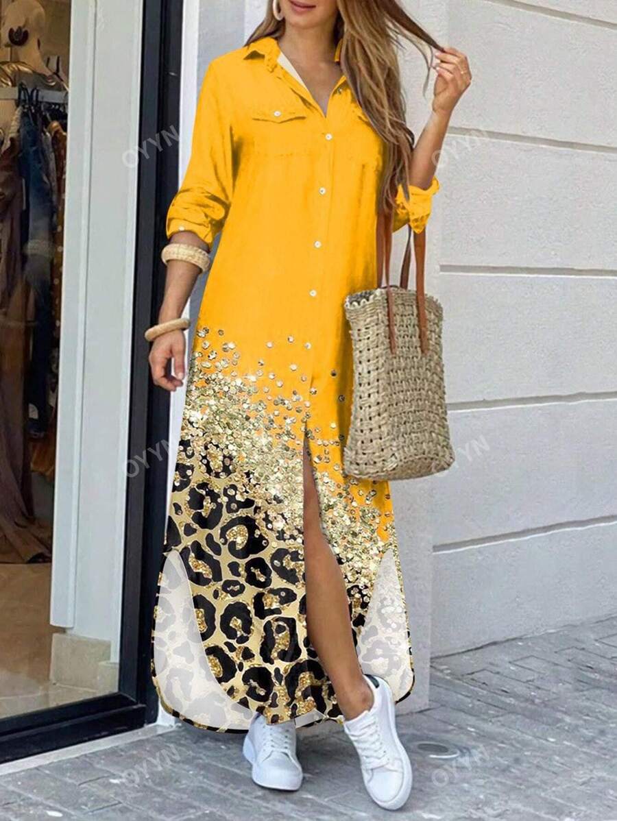 Women's Long Sleeve Collared Shirt Dress, Loose Casual Leopard Print Dress, Spring/Summer