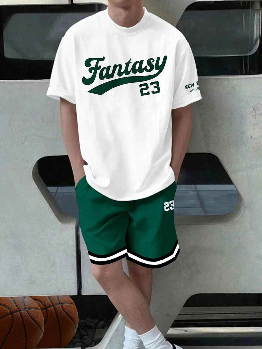Manfinity Sporsity Men'S Monogram Printed Short-Sleeved T-Shirt And Shorts Two-Piece Set