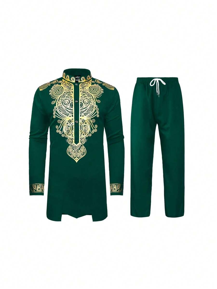 Conjunto de camisa de manga larga con cuello alto y pantalones con estampado floral dorado tradicional para hombre