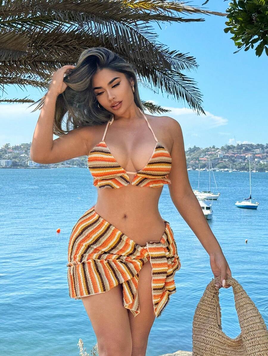 SHEIN SXY Women's 2pcs/Set Bohemian Style Rainbow Striped Halter Neck Vest And Skirt Set For Beach Vacation