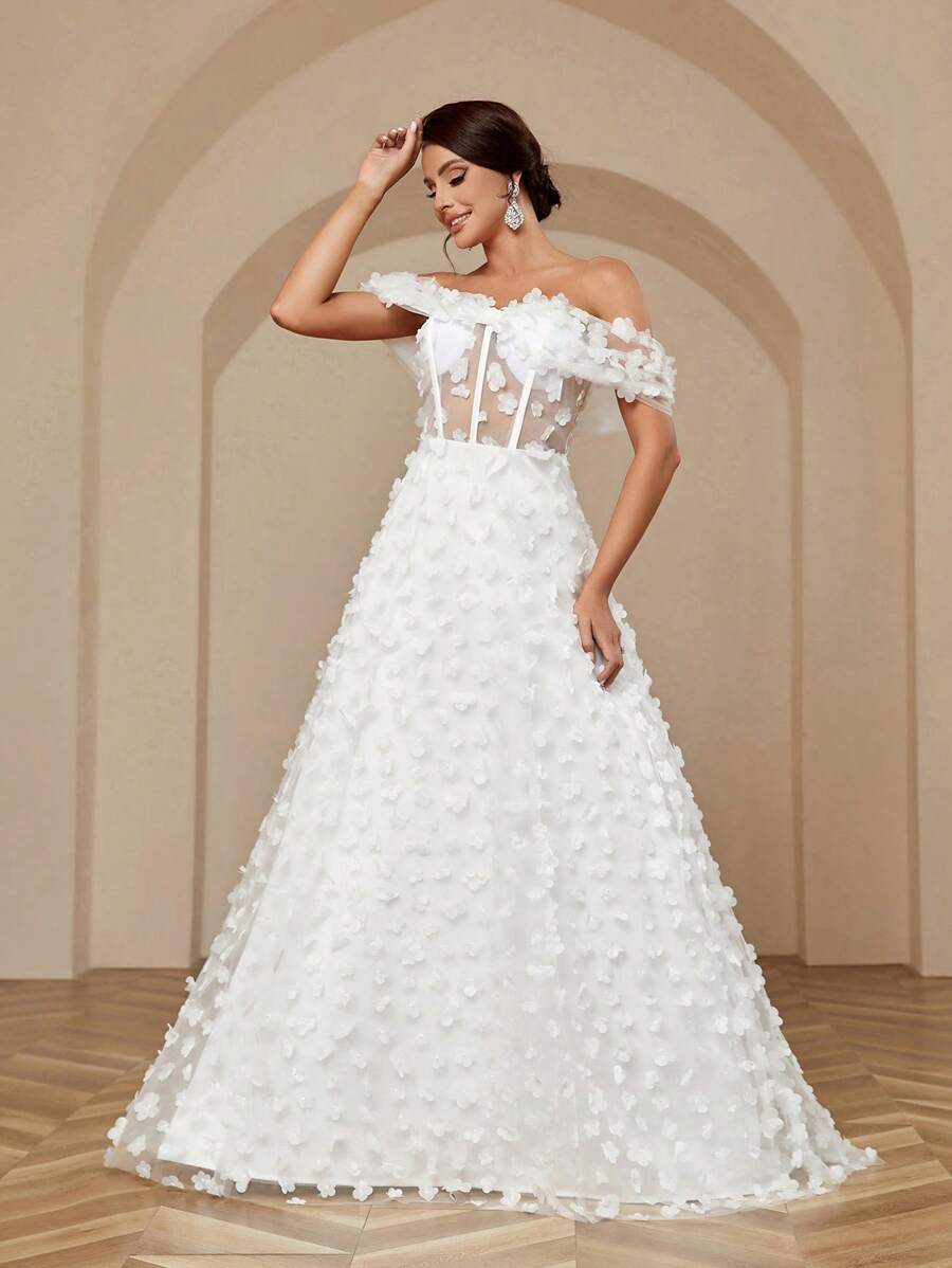 SHEIN Belle Women's Elegant Romantic Wedding Dress With Applique Bowknot Three-Dimensional Flower Color Block Design Puffy Dress And Off Shoulder