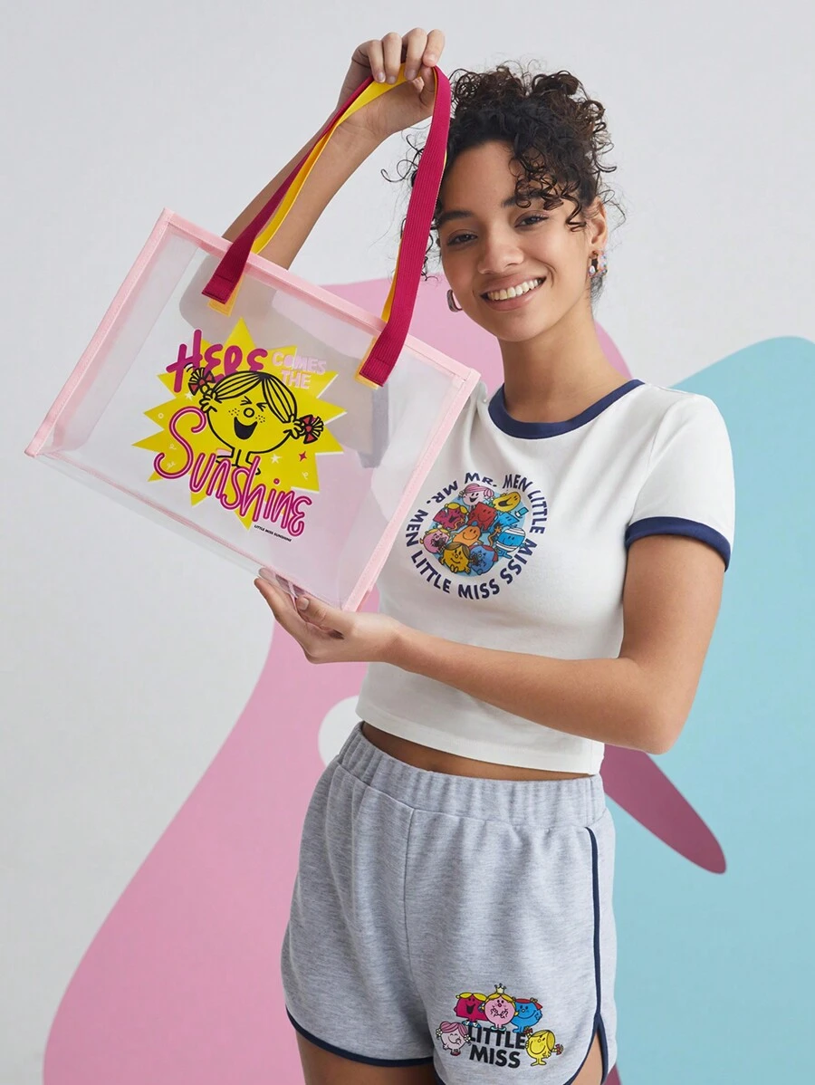 Mr Men Little Miss X SHEIN Cartoon Pink Transparent Women Beach Tote Bag, For Women's Day