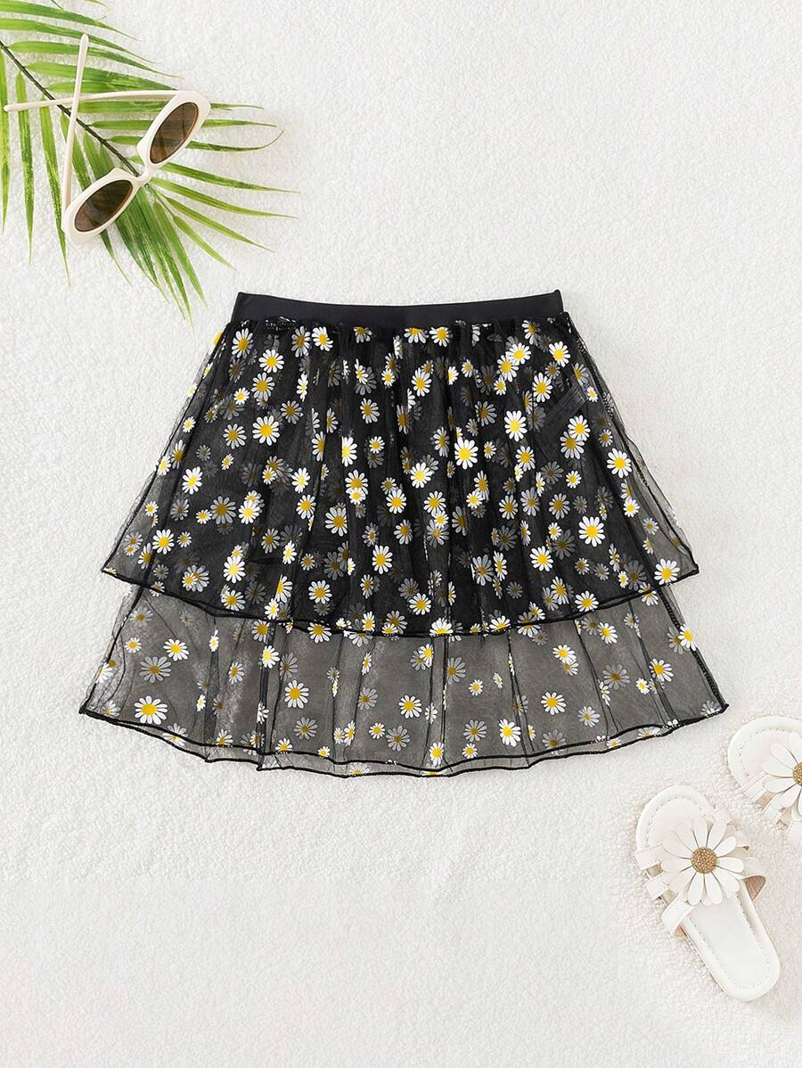 Tween Girls' Daisy Print Cover Up Skirt, For Summer, Beach, Swimming Pool