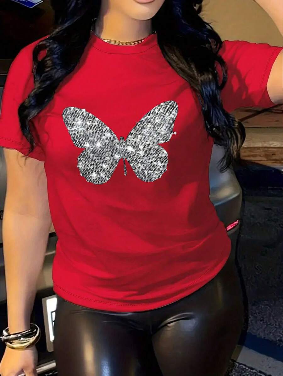 INAWLY Camiseta de manga corta con cuello redondo, decorada con estampado de mariposa y pedrería para ropa de Año Nuevo, tops gráficos para mujeres