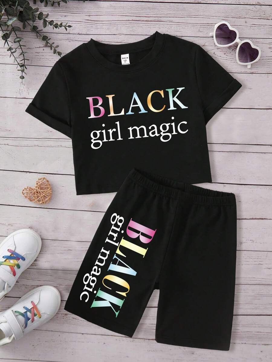 SHEIN Ensemble T-shirt À Manches Courtes Imprimé Pour Filles Tween Avec Slogan Et Short De Cyclisme