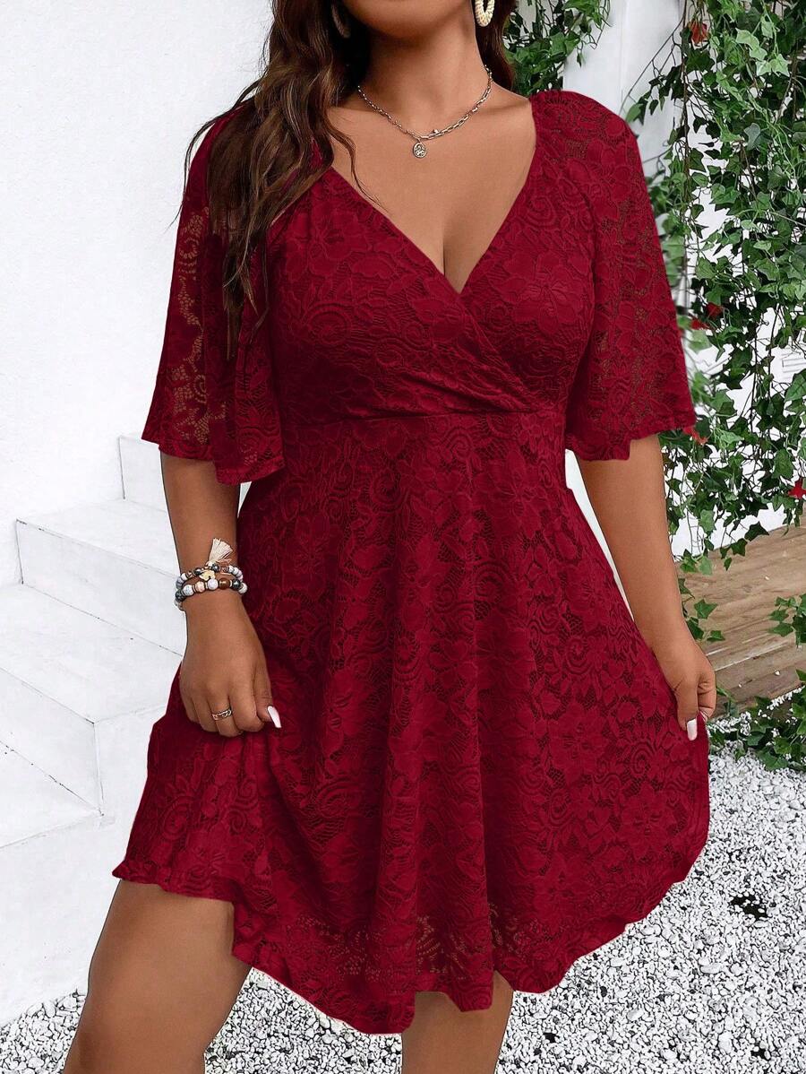 SHEIN Clasi Plus Size Lace V-Neck High Waist Dress, Burgundy Color Women Outfit