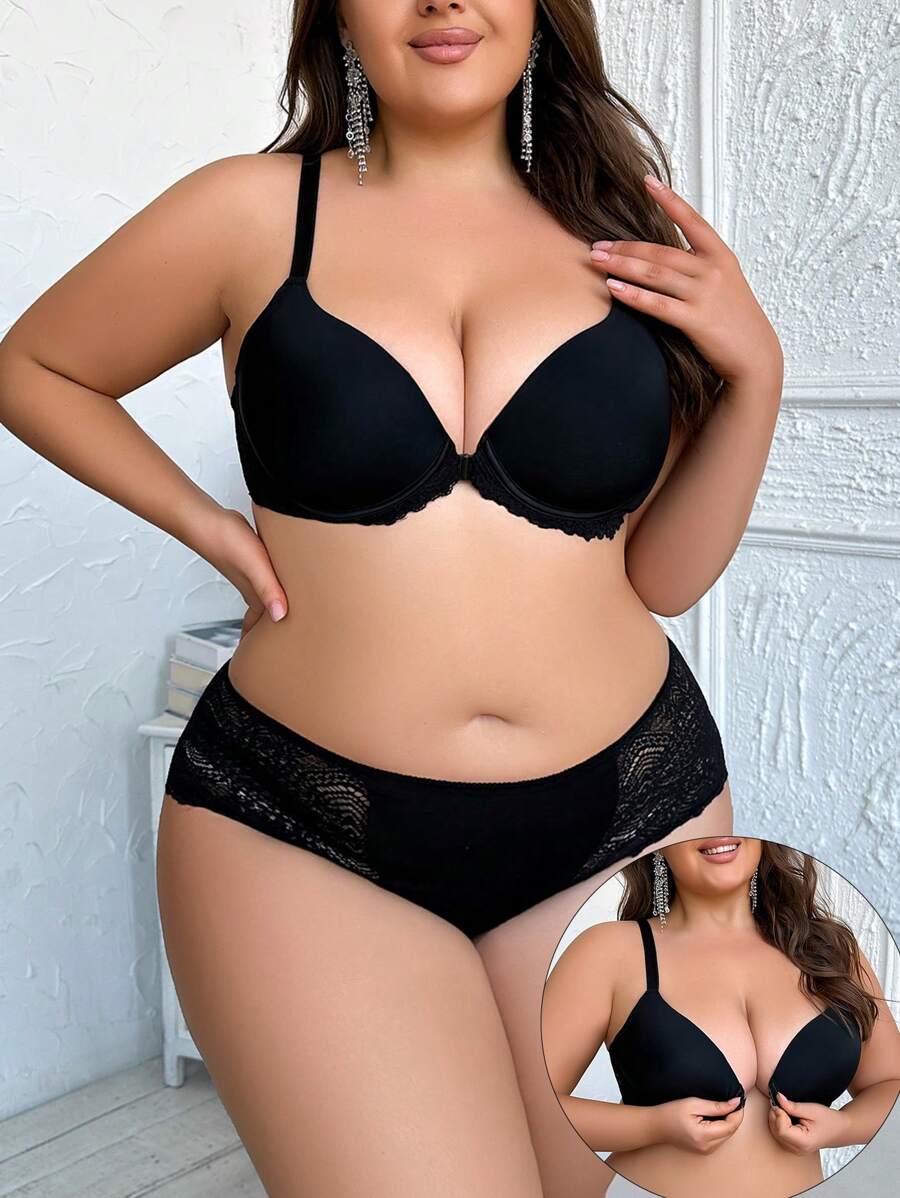 Conjunto De Sujetador De Talla Grande Con Encaje Y Cierre Frontal