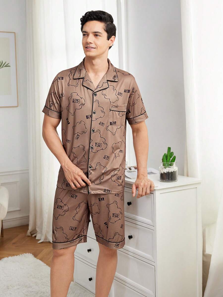 Men's Bear Printed Short Sleeve Top & Shorts Summer Homewear Set With Collar