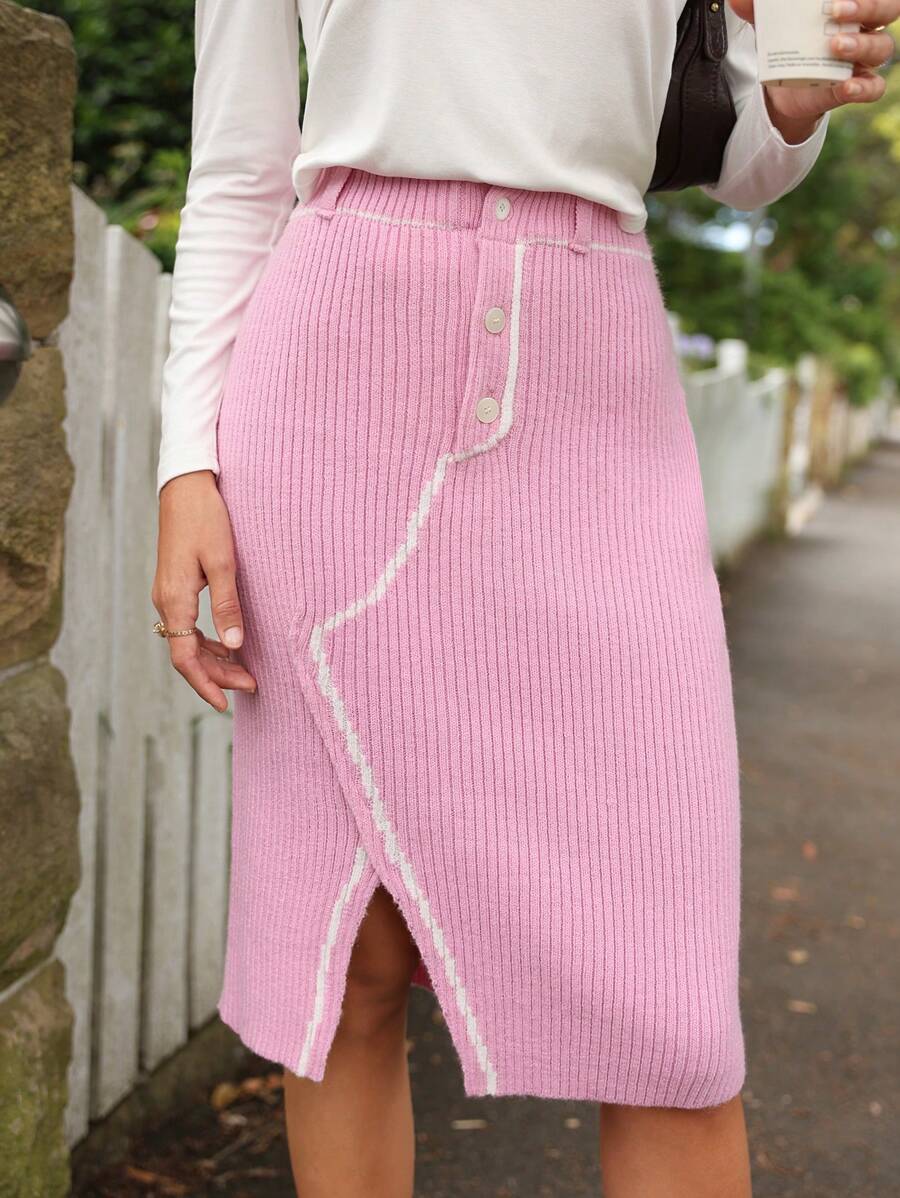 Anewsta Women's Button Front Split Hem Sweater Skirt