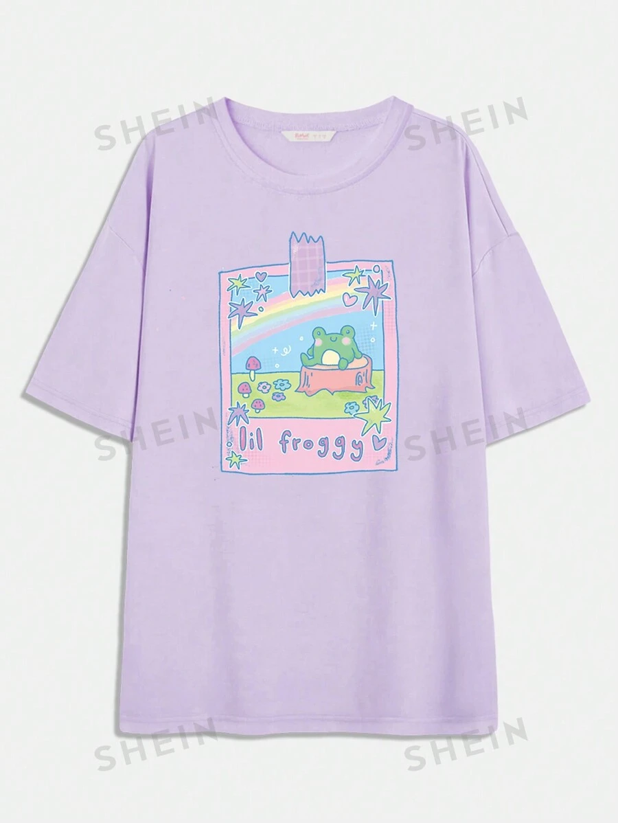 Tiggtactoe Kawaii Camiseta de hombros caídos con diseño gráfico de rana con letra, para la escuela
