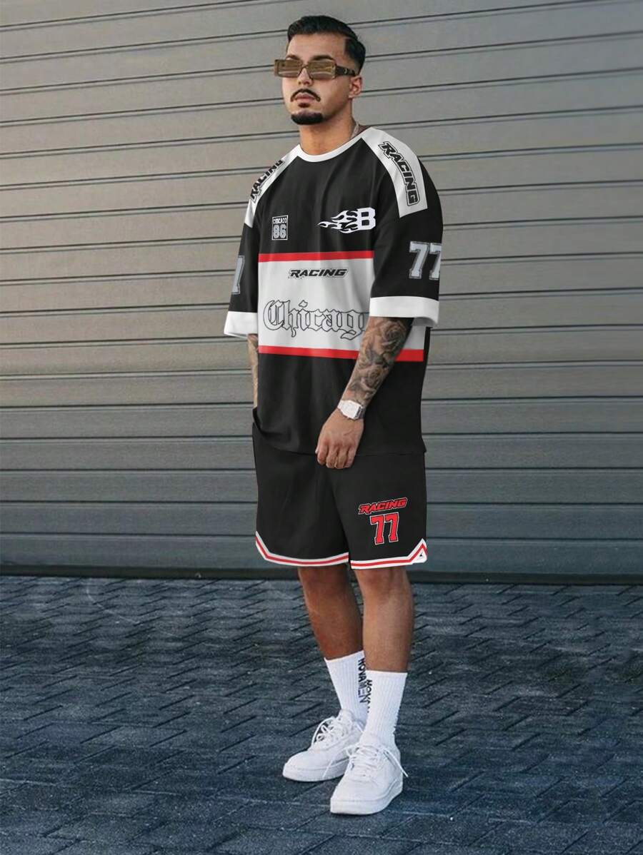 Manfinity LEGND Men'S Color Blocking Alphabet Print T-Shirt And Shorts Set
