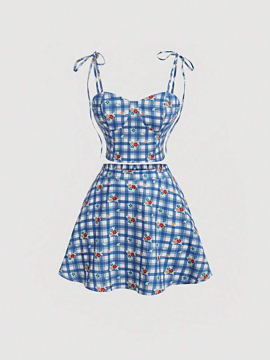 SHEIN MOD Ladies' Checkered Print Strap Tank Top With Bowknot And Skirt Two Piece Set