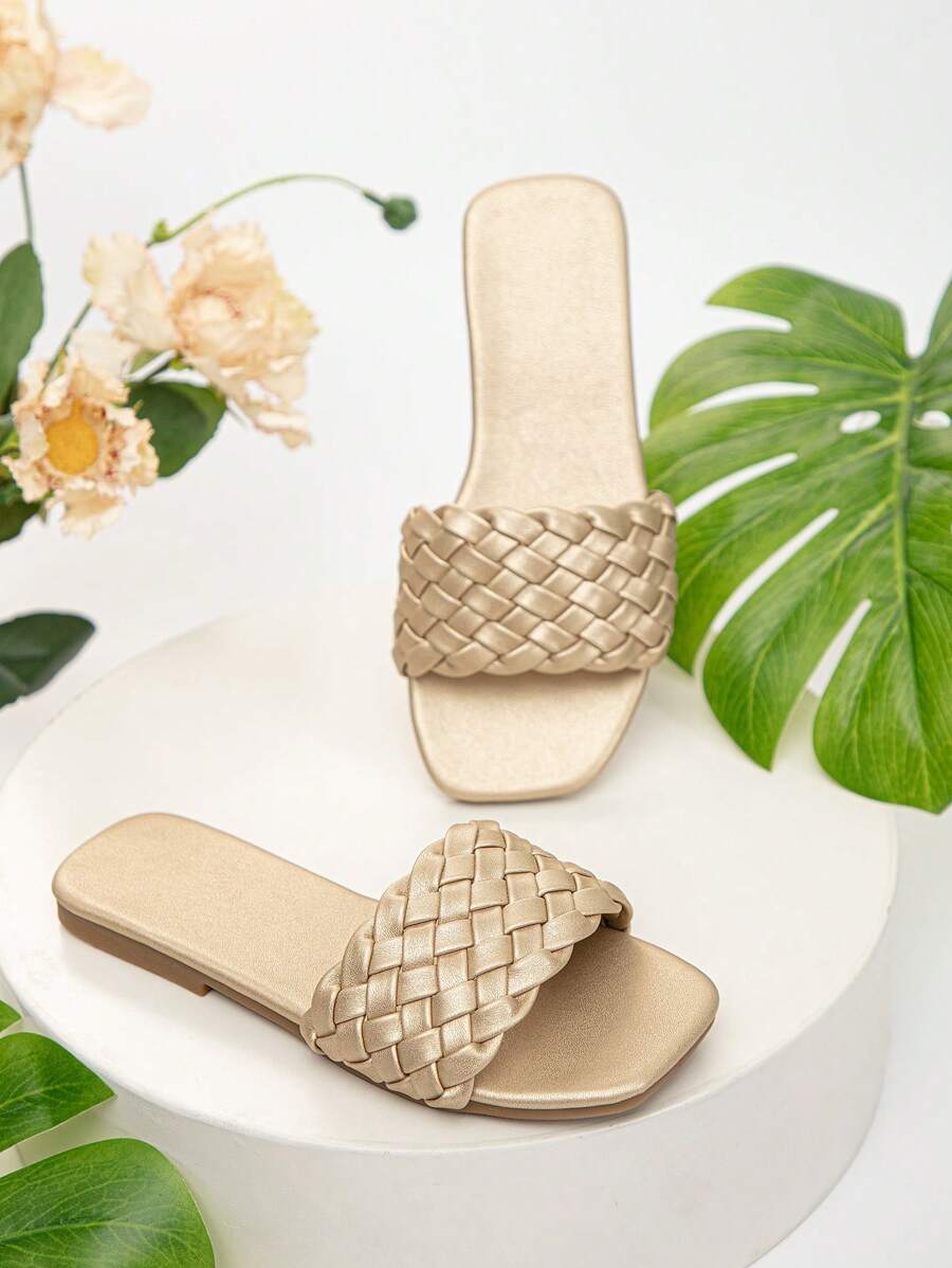 Sandalias planas casuales de unicolor tejidas para niñas de vacaciones