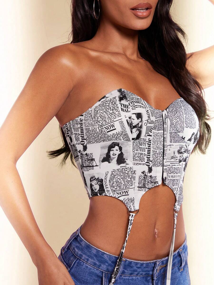 SHEIN BAE Haut Corset De Festival De Musique Été Boho Renaissance Graphiques Foire T-shirts Pour Femmes Haut De Bikini Tops Country Concert Crop Tops Graphiques Mignons D'été