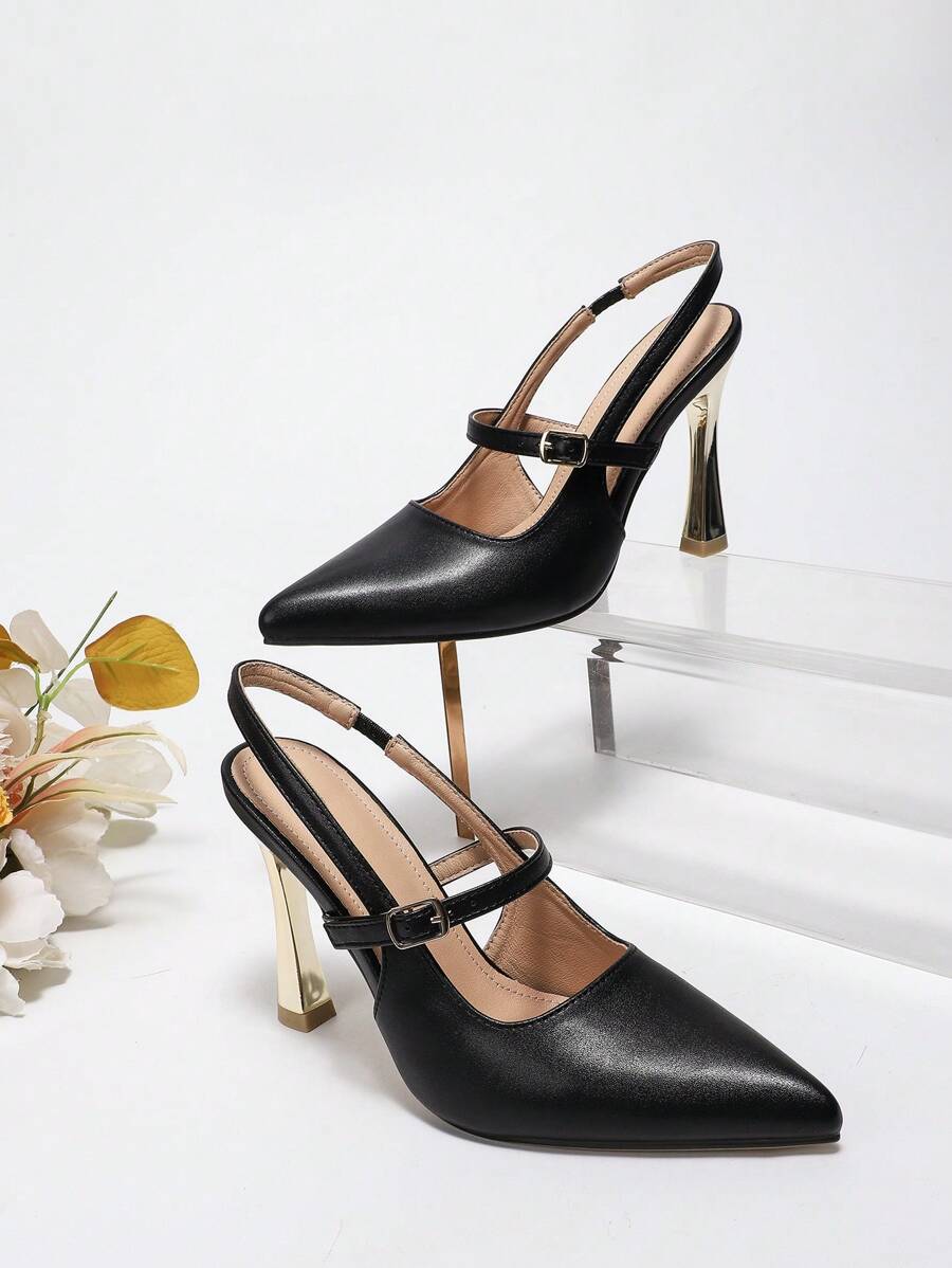 Women's High Heels, Pointed Toe, Leather Backless Pumps With Thin Heels, Air Quality, Black Color, For Spring/Summer Or Autumn