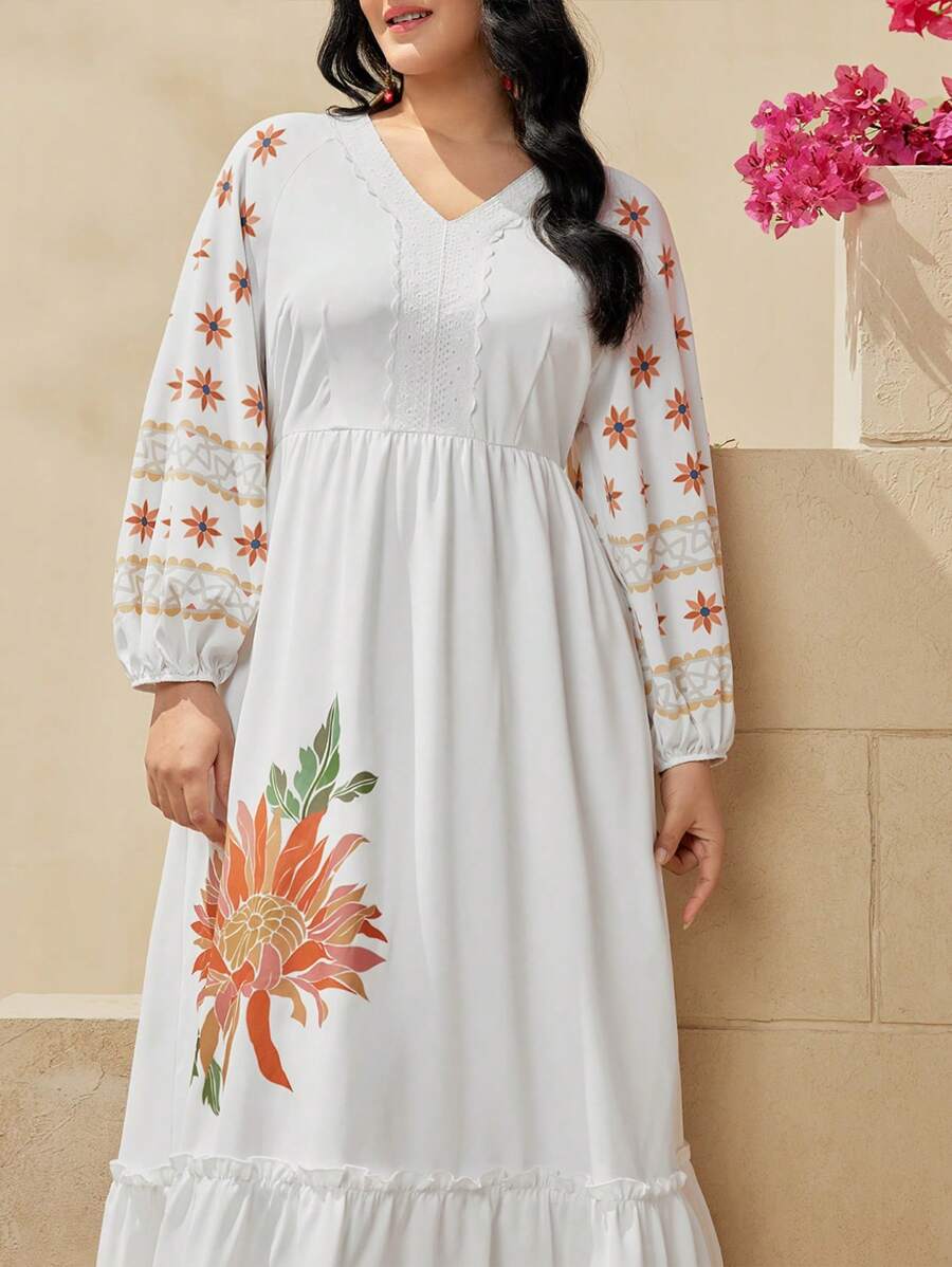 Mulvari Robe Grande Taille Pour Femme À Manches Lanterne Et À Col V Imprimé Floral