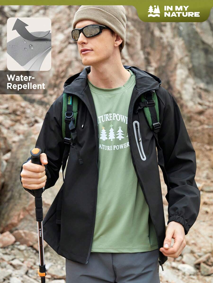 SHEIN In My Nature Herren Jacke Mit Reissverschluss Und Kapuze Für Den Outdoorbereich Und Schnürsenkel