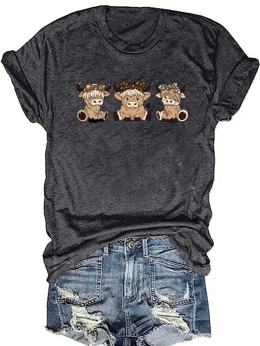 SHEIN LUNE Western Cow Print Crew Neck Short Sleeve Fitted Women T-Shirt, Contains Cotton, Suitable For Summer