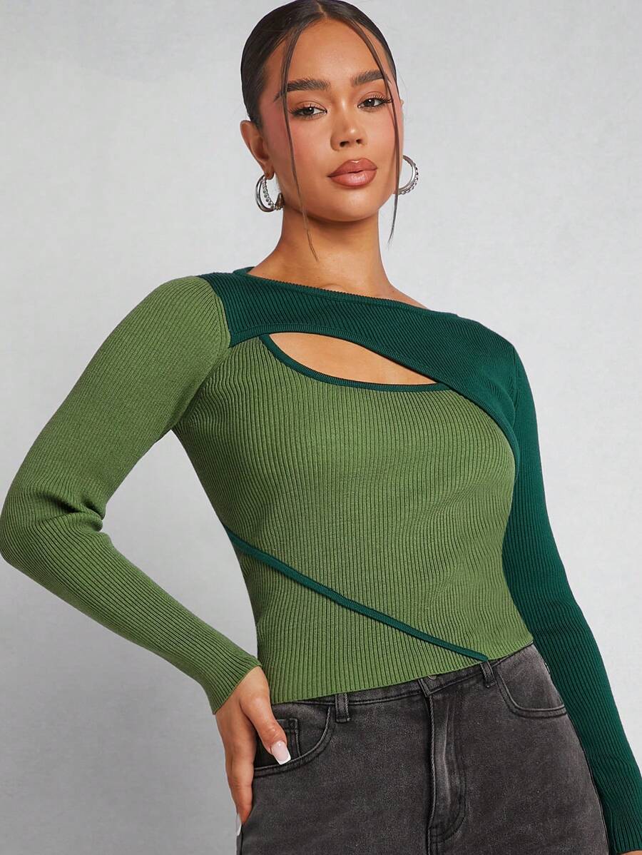 Hauture Asymmetric Cut Out Colorblock Sweater