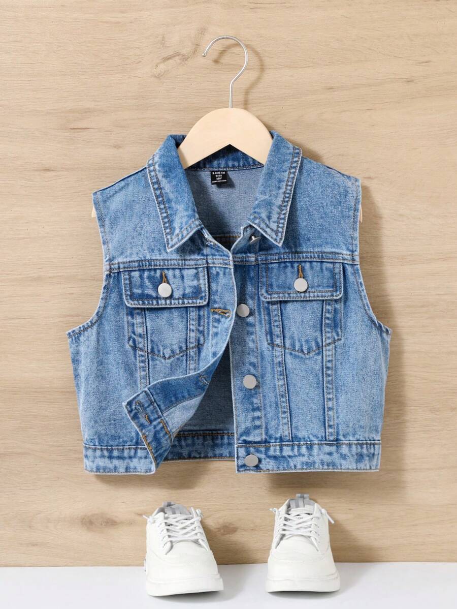 SHEIN Tween Girl's Y2K Spring Summer Boho Water Wash Casual Fashionable College Style Sleeveless Denim Jacket