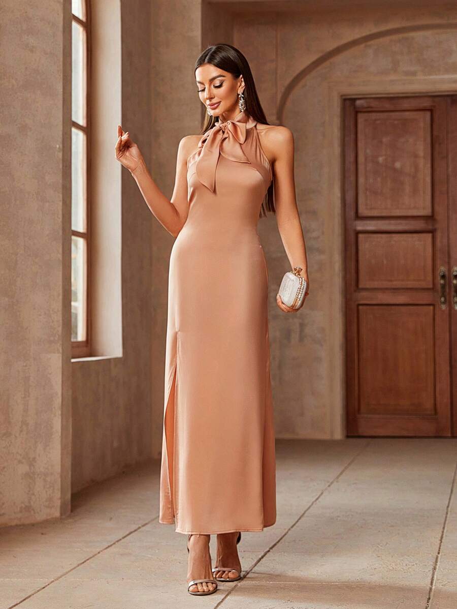 SHEIN Belle Vestido De Dama De Honor Sólido Con Corbata En El Cuello Y Raja En Los Muslos