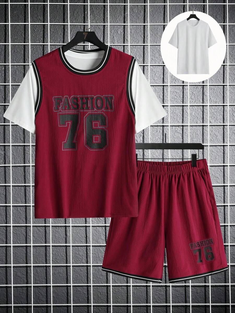 Conjunto De 3 Peças Para Esportes T-shirt Para Adolescentes Com Cor Sólida, Colete Com Impressão De Letras E Números E Shorts