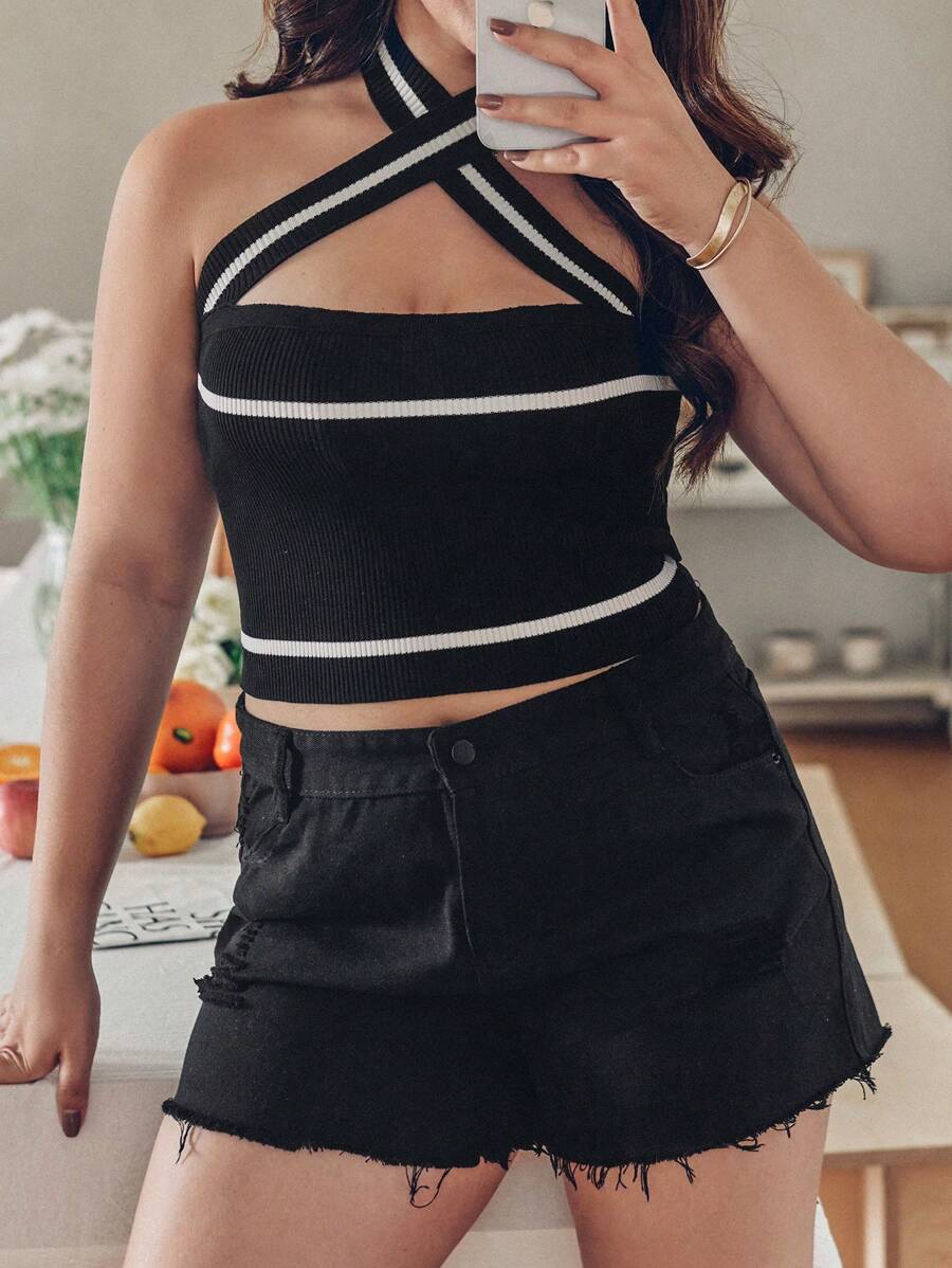 Franclia Top De Punto Acanalado De Talla Grande Con Diseño De Bloque De Color, Hueco En La Parte Superior Con Cuello Halter
