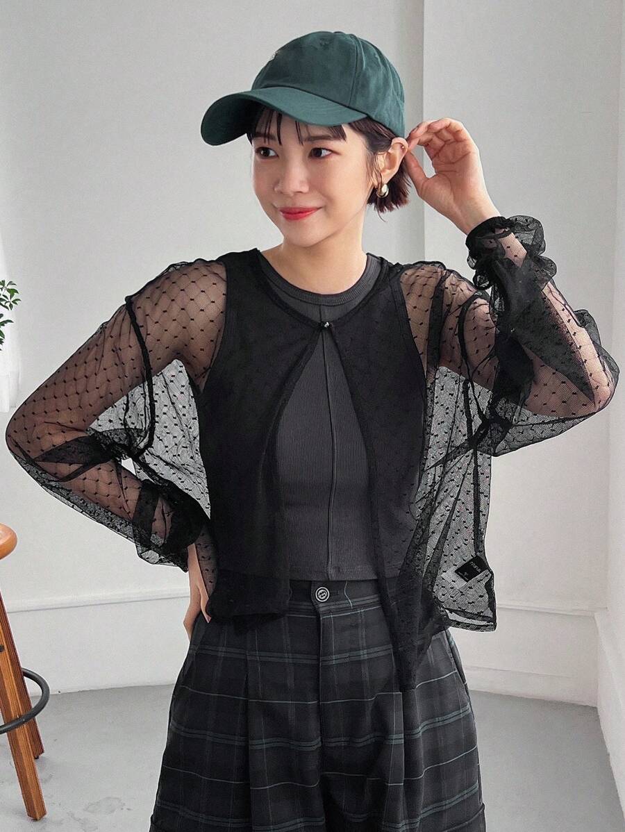 FRIFUL Women's Sheer Mesh Split Hem Shirt
