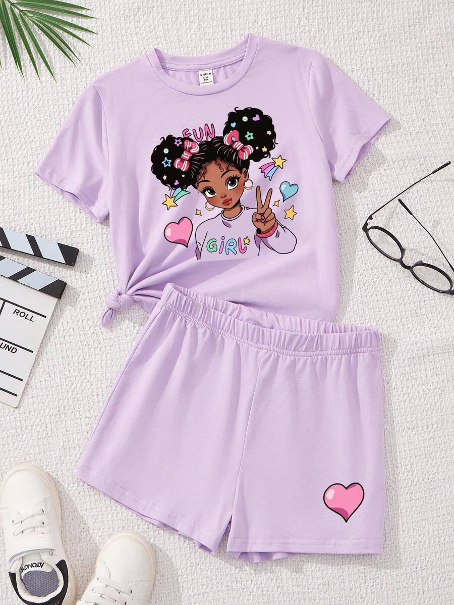 SHEIN Set de 2 bucăți drăguț, negru și interi, ocazional pentru fete minimaliste, cu mâneci scurte și set de pantaloni scurți, potrivit pentru vară, amestec de bumbac