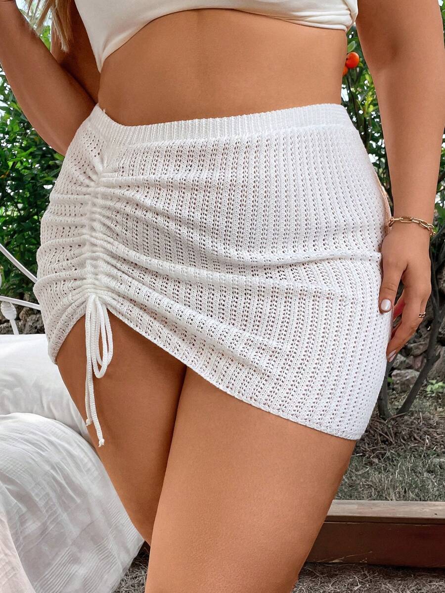 Flirla Jupe Mini De Plage En Couleur Unie Et Grande Taille Avec Cordon De Serrage Et Motif Ajouré