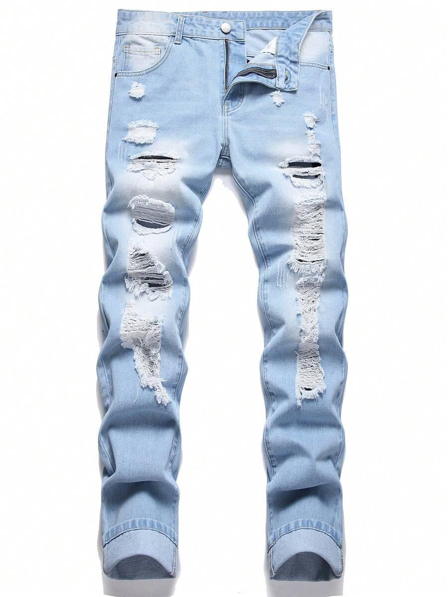 Hombres Jeans algodón desgarro crudo con lavado