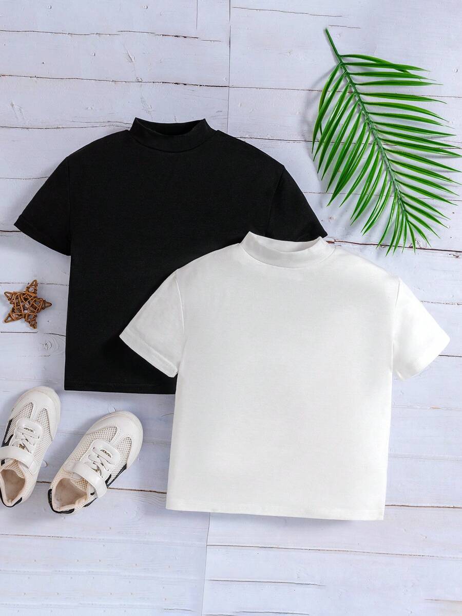 SHEIN 2 Stücke Set für Kleine Jungen, lässiges Basic-Strick-Kurzarm-T-Shirt und modisches Sport-Stehkragen-Shirt für den Sommer, Oberteil für Kinder > Einfarbige Baby-Kleine Jungen-Sets, einfarbige T-Shirts für Kurzurlaub, Urlaub, Reisen, Entspannen, Sonnenbaden, Sommer