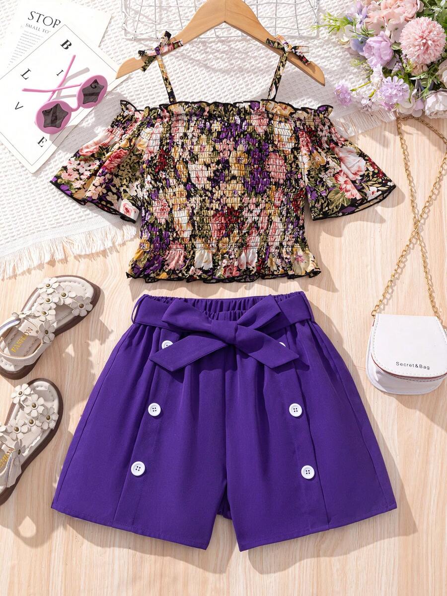 SHEIN Conjunto de Top Estampado com Flor com Babados e Ombros Deiscobertos e Shorts para Meninas Pré-Adolescentes com Fivela Decorativa Removível