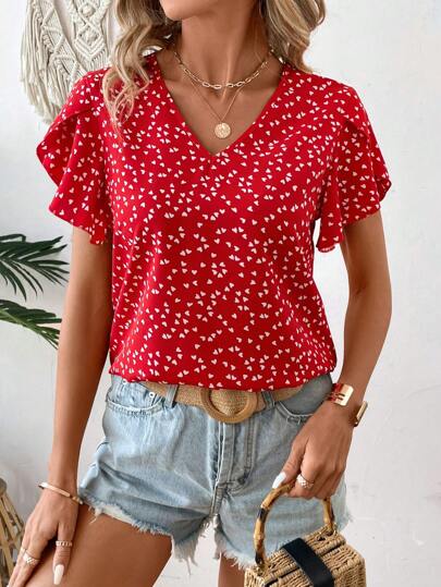 EMERY ROSE Heart Print V-Neck Ruffle Sleeve Blouse For New Year Clothes,Short Sleeve Tops