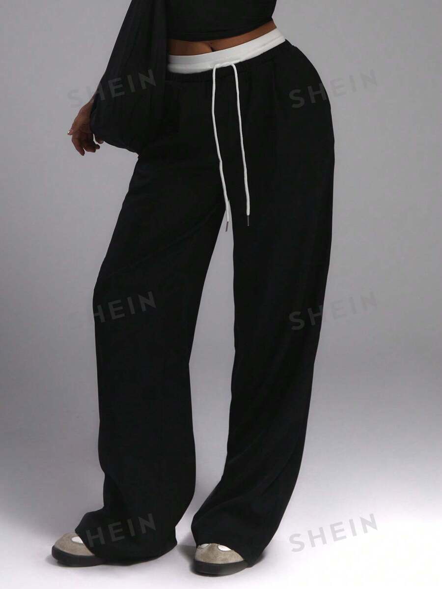 MUSERA Pantaloni croiți cu talie contrastantă țesută, primăvară-vară, drăguți, stil casual, anii '90, vacanță, toamnă, iarnă, înapoi la școală