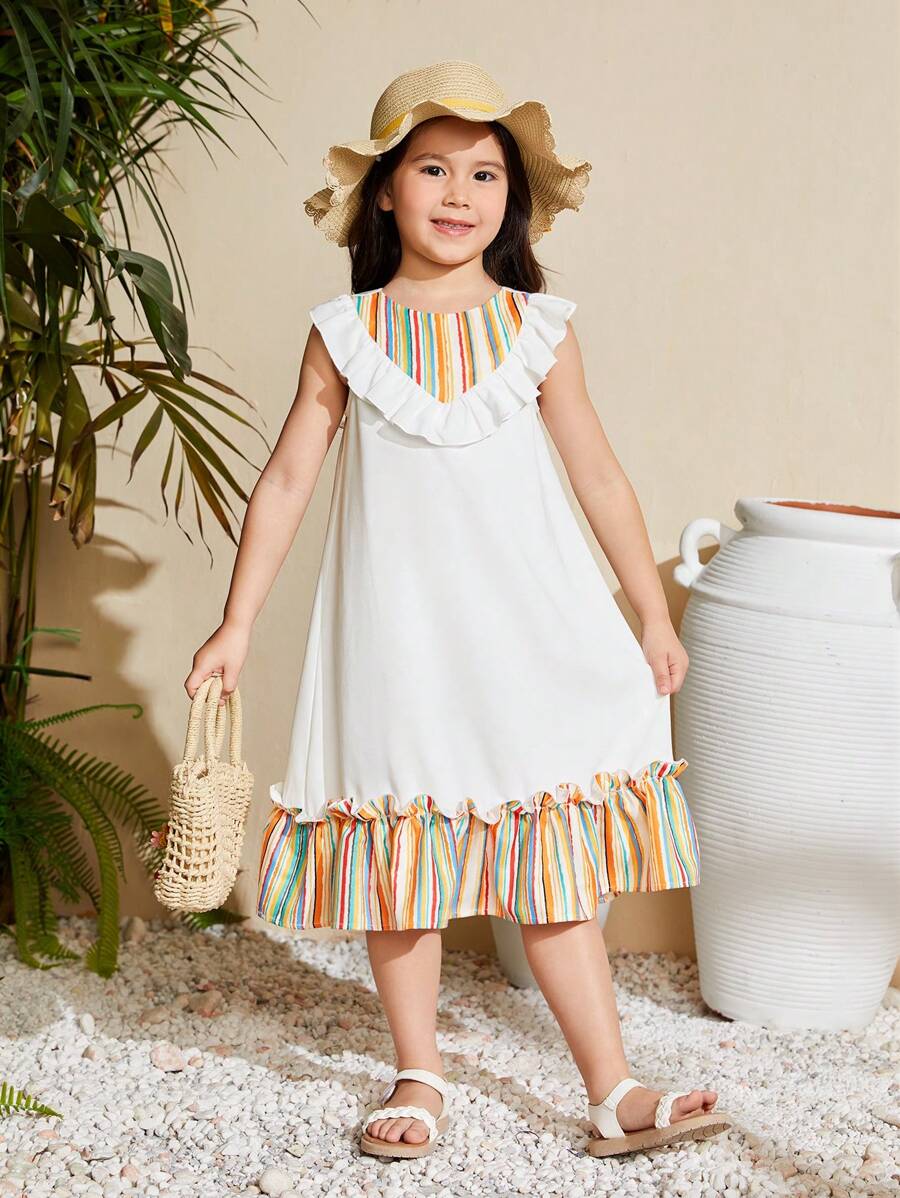 SHEIN Vestido Casual Solto De Férias Para Jovem Menina Com Gola Redonda Tecido Listrado Em Patchwork E Detalhes De Babado