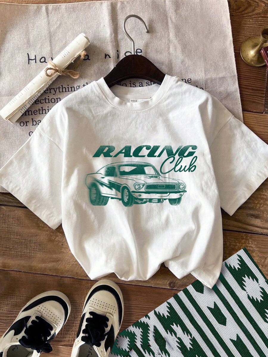 SHEIN Tween-Mädchen lässiges Kurzarm T-Shirt mit einfachen Buchstaben und Auto Muster, für den Sommer