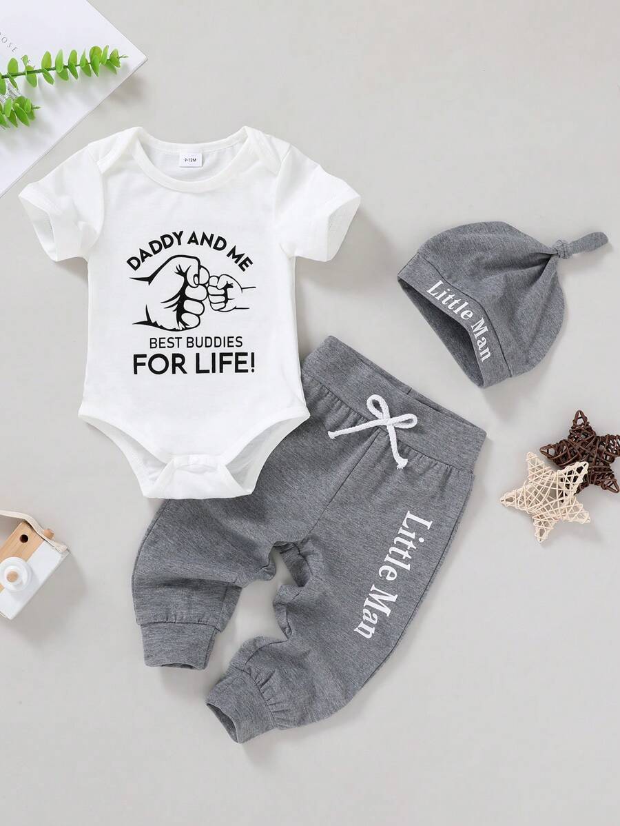 3pcs Cute And Comfortable Baby Boy's Soft Breathable Romper Set With Letter And Gesture Print, Letter Slogan Front Tie Pants, And Hat. Suitable For Casual, Daily, Vacation, And Parties