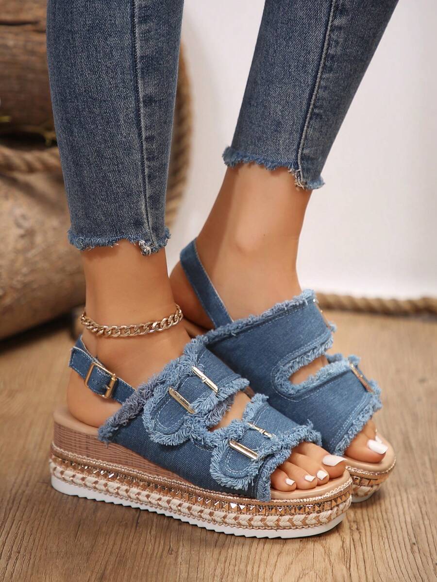 Summer Outdoor Comfortable Women's Denim Fringed Rivet Metal Hollow Buckle Thick Bottom Wedge Sandals