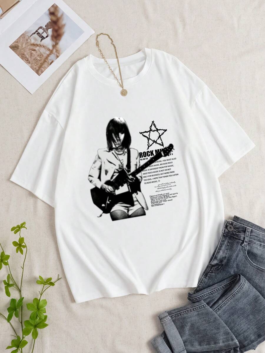 SHEIN EZwear Women's Character And Slogan Print Short Sleeve T-Shirt