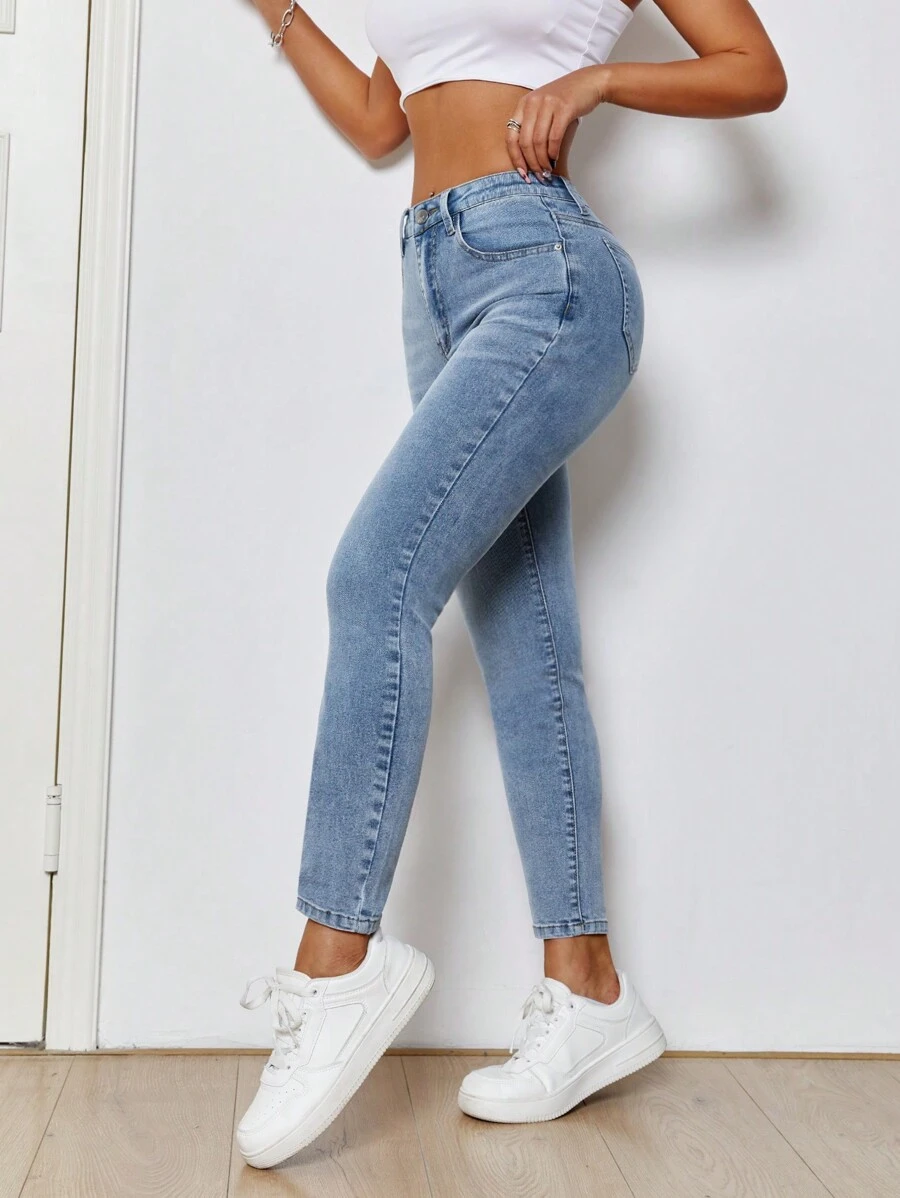 SHEIN PETITE Denim Jeans With Slanted Pockets, Casual Slim Fit