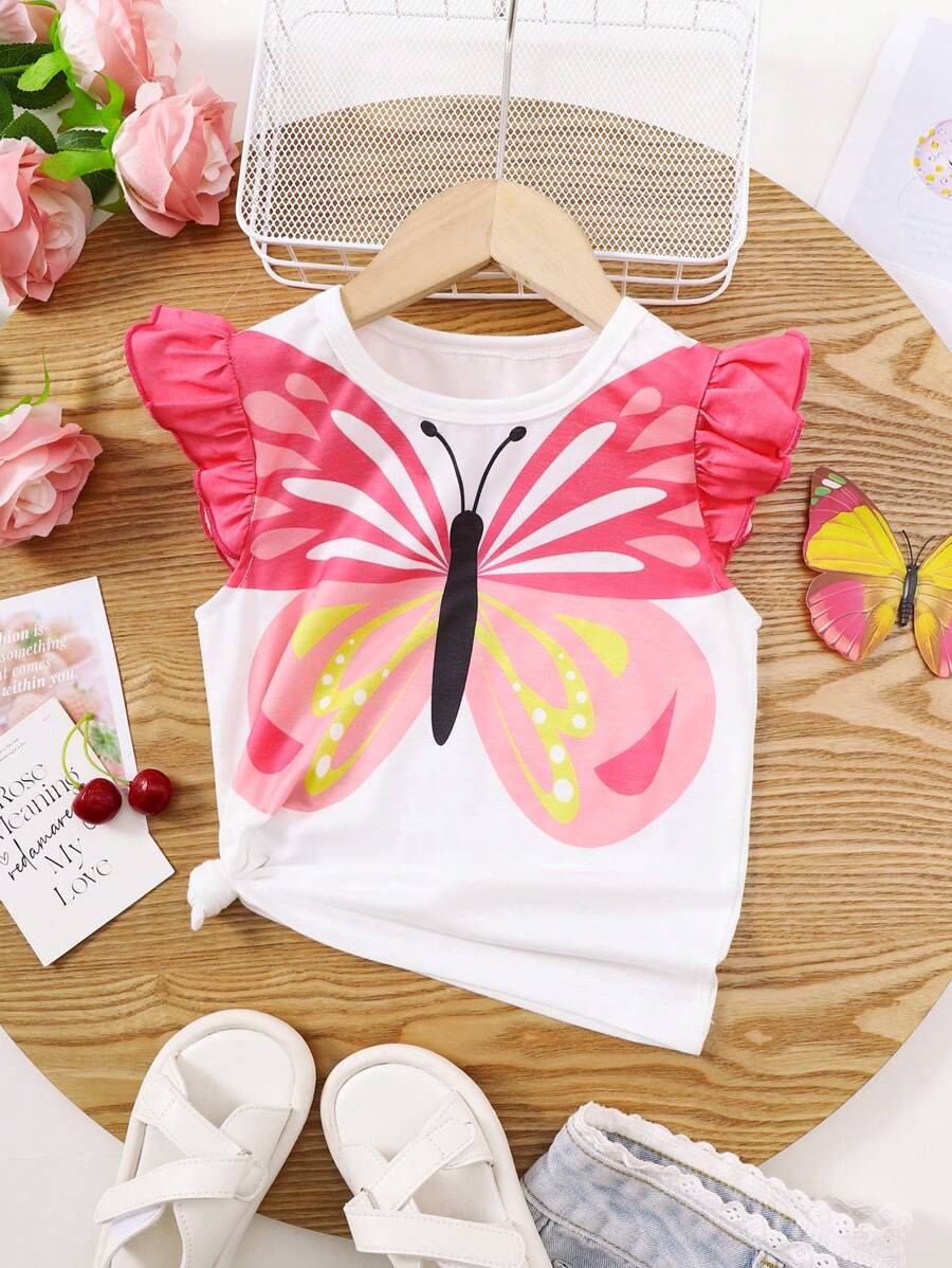 Camiseta de manga corta con cuello redondo y estampado de mariposas para niña