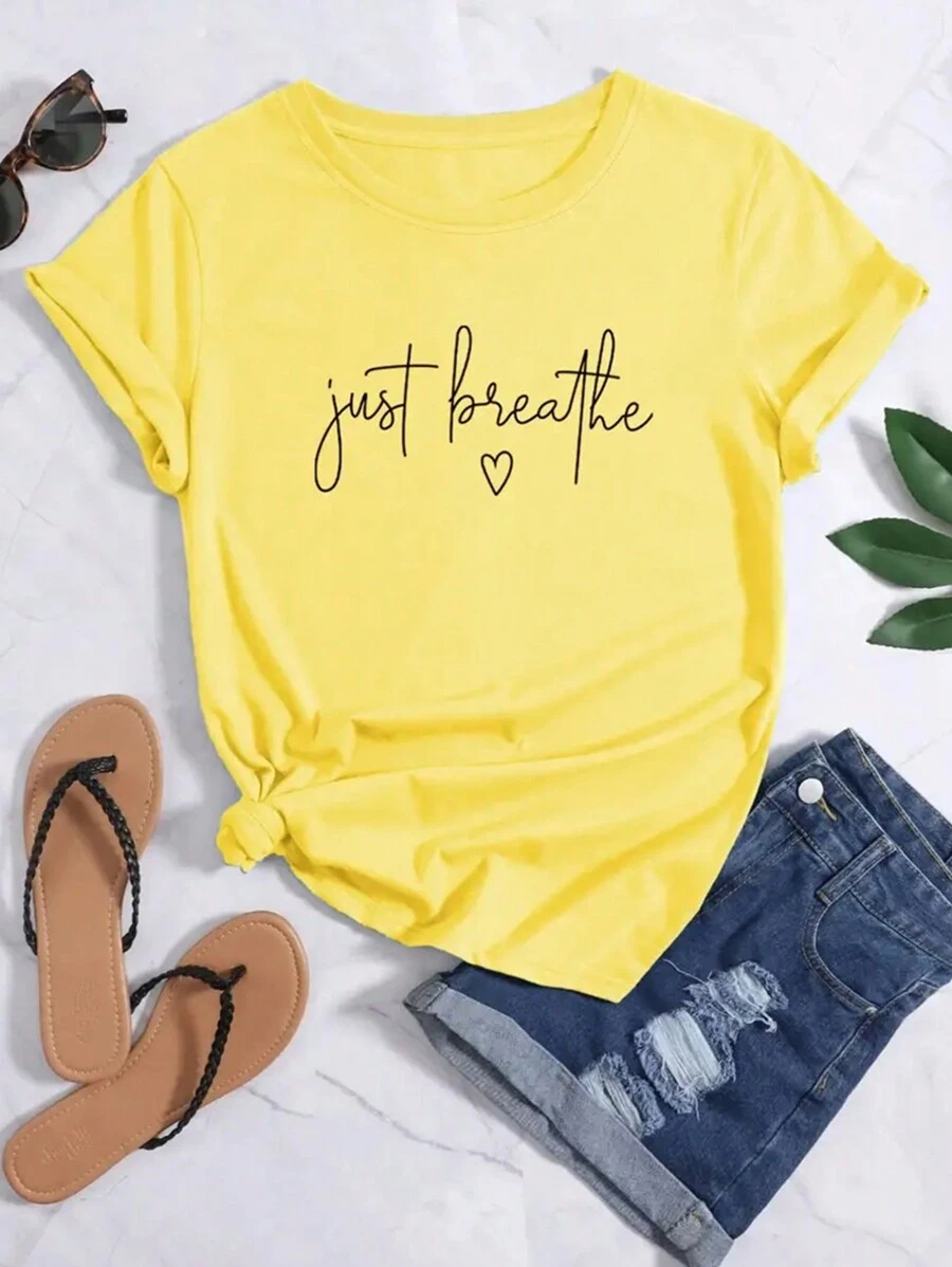 INAWLY Women's Heart & Letter Printed Round Neck T-Shirt Just Breathe Graphic Tees Women Tops